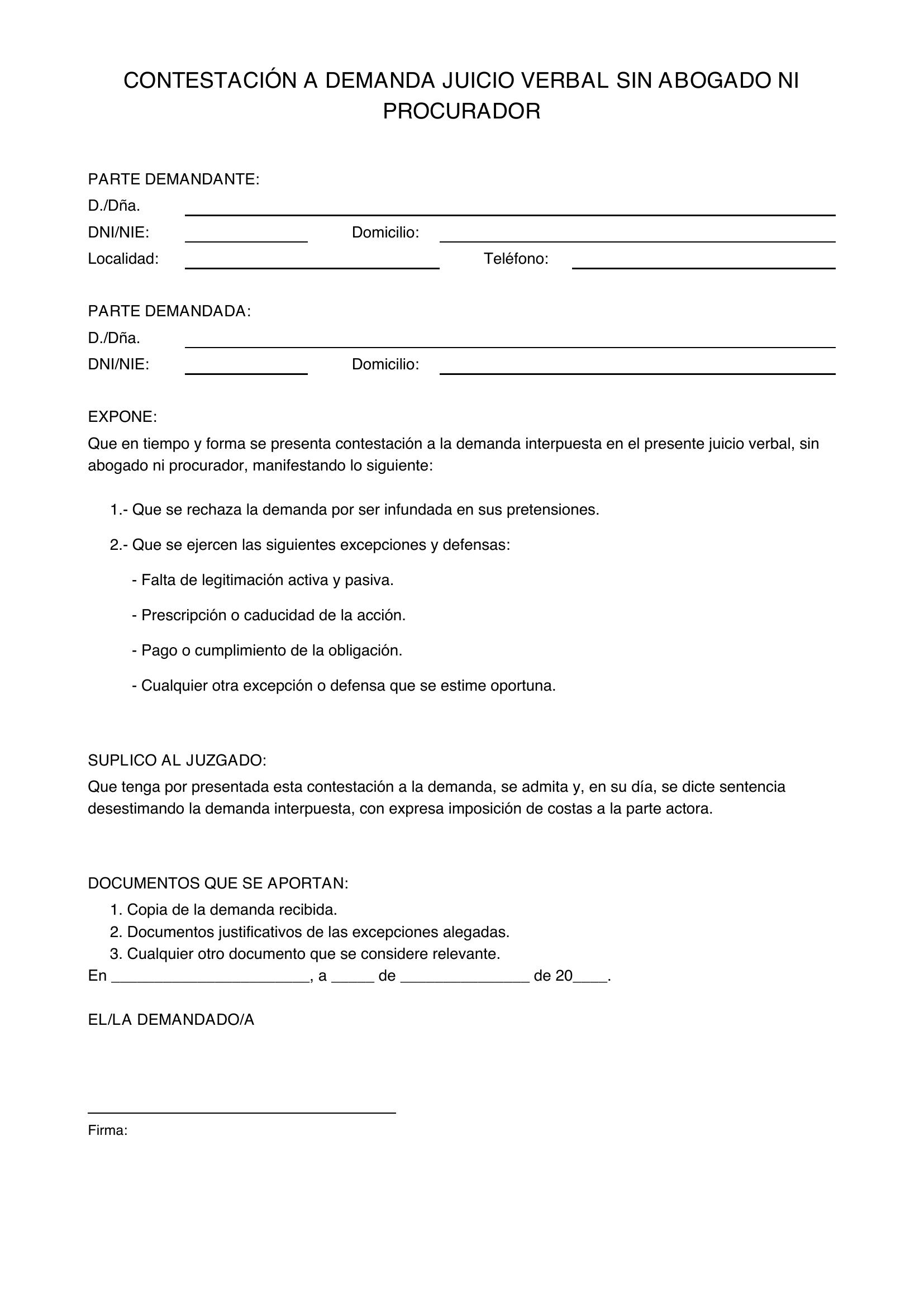 Modelo Contestación Demanda Juicio Verbal Sin Abogado Ni Procurador