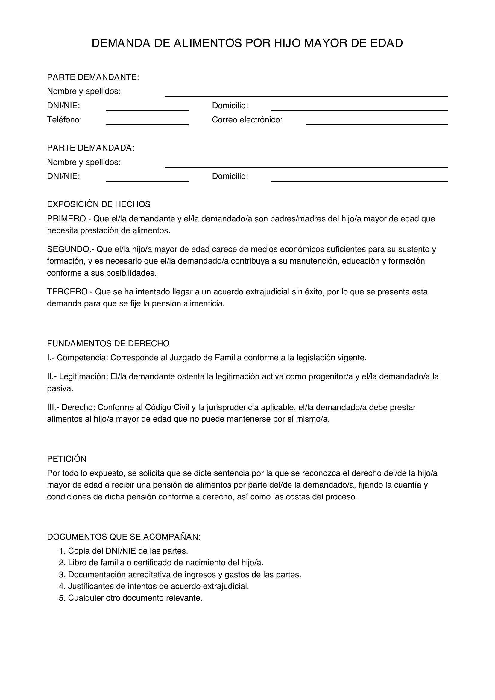 Modelo Demanda Alimentos Hijo Mayor De Edad