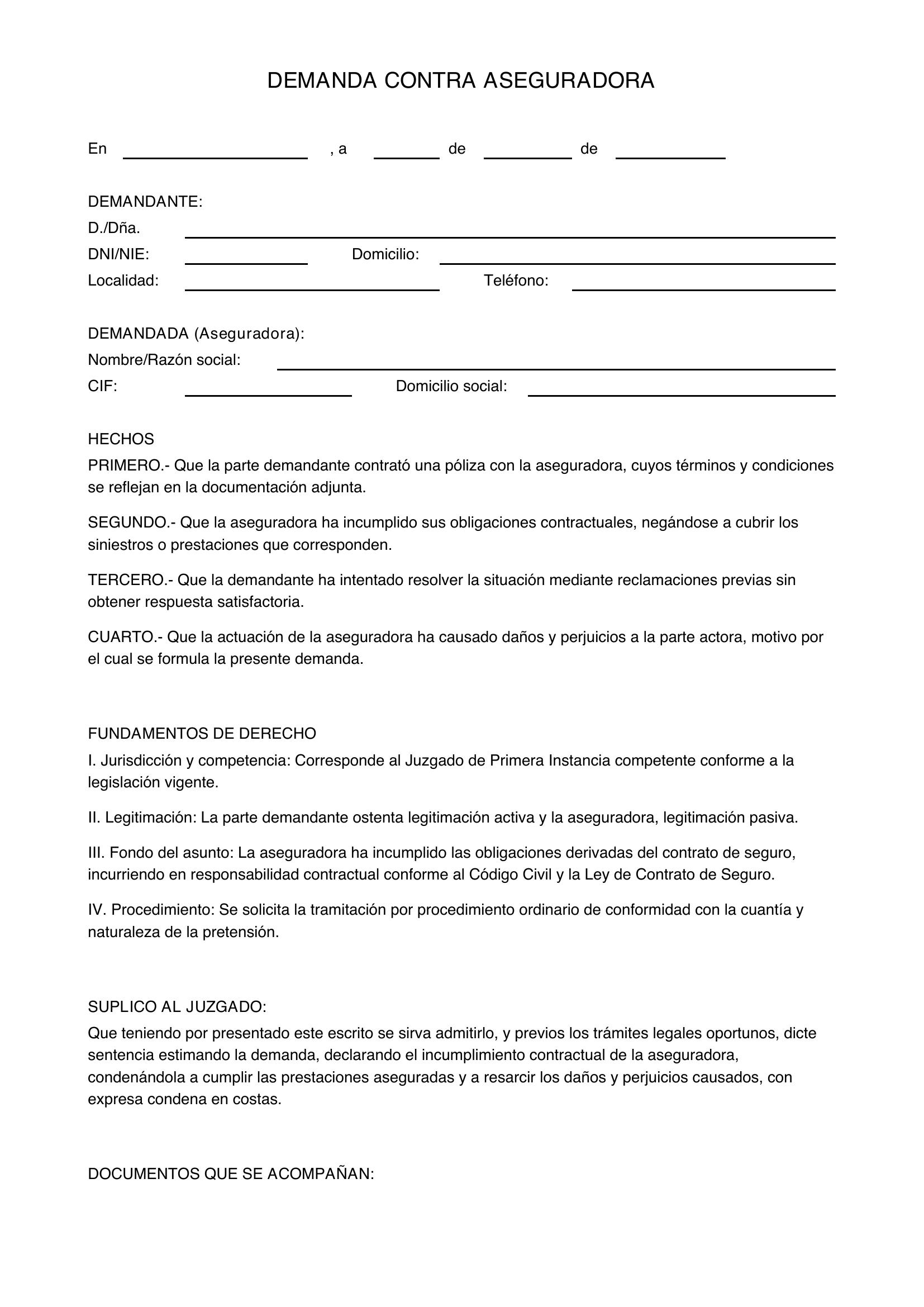 Modelo De Demanda Contra Aseguradora