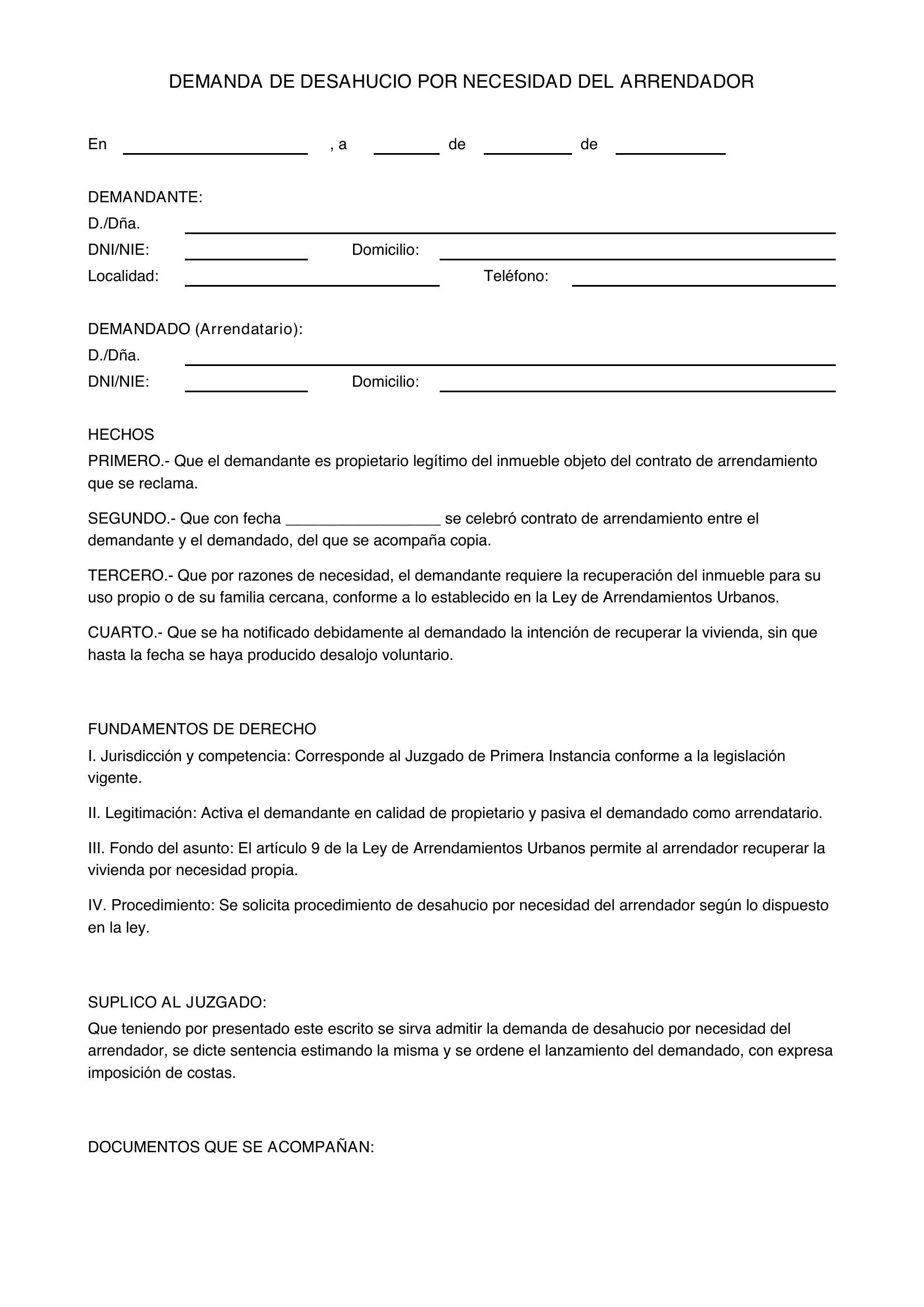 Modelo Demanda Desahucio Por Necesidad Arrendador