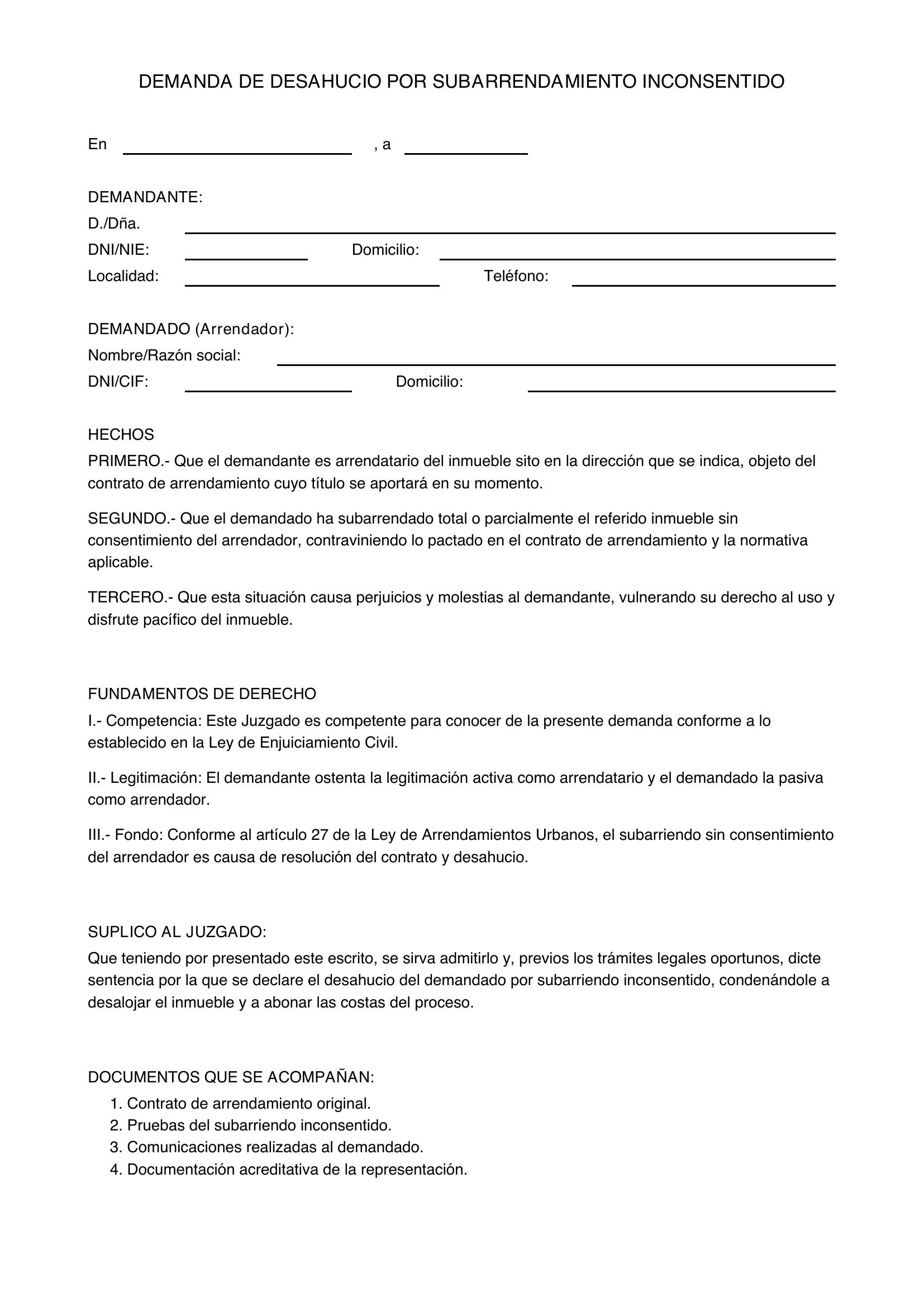 Modelo Demanda Desahucio Por Subarriendo Inconsentido